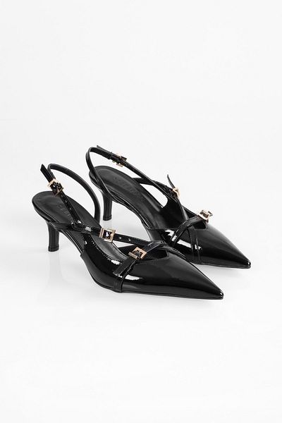 Shoeberry Lover Schwarz Lackleder Gürtelschnalle Spitz Stilettos für Damen