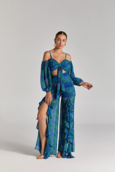 Nur OSKAY Nula, Desenli Şifon, Fırfırlı Pantolon, Balon Kol Crop Takım