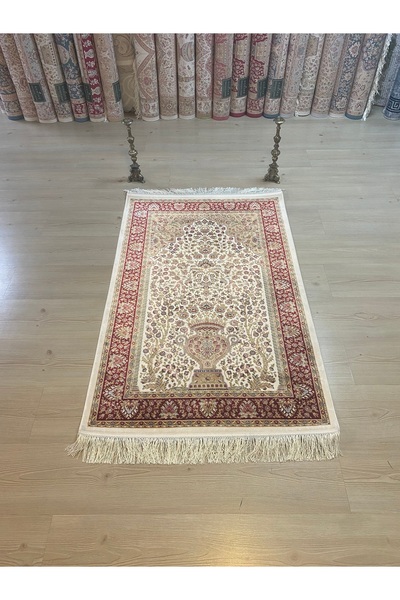 SOMTAŞ HALI BEYAZ BORDO İPEK SECCADE BAMBU NAMAZLA