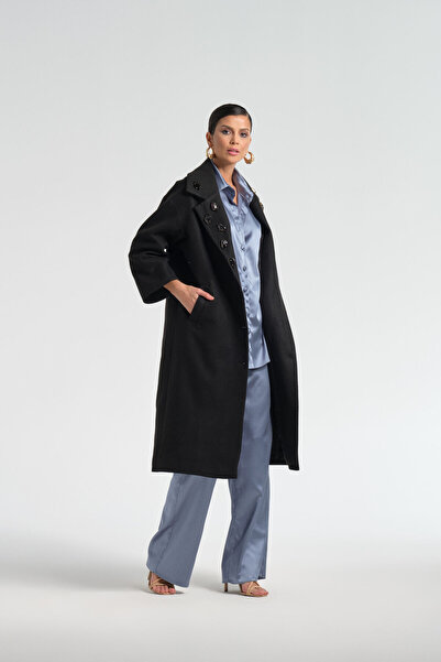 Nur OSKAY Nera, Siyah Taşlı Kaşe Kaban