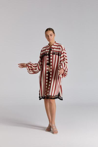 Nur OSKAY Çizgili Püskül Detaylı Kimono