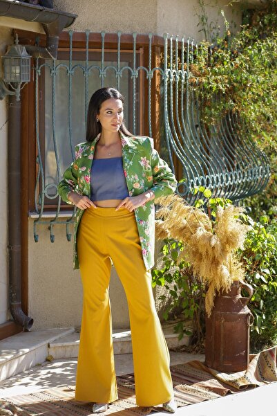 Nur OSKAY Keten Yeşil Çiçek Desenli Ceket