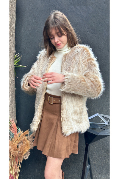 ayakuydur Kadın Krem Peluş Kaban