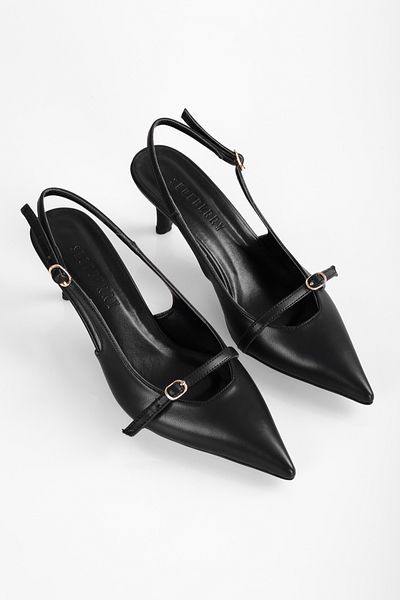 Shoeberry Dámská královská černá kožená přezka na jehlové podpatky