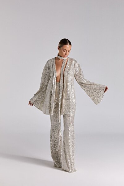Nur OSKAY Gray Sequined Kimono and Flared Leg New Year's Trousers Set