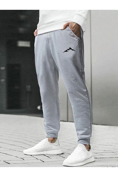 LAND MODA Mountain Silhouette Sweatpants Jogger Γκρι εμπριμέ λαστιχένιο πόδι με ψηλή μέση