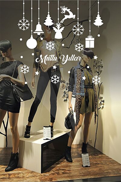 İndirim Xpress Напис «Щасливого Нового Року» Сніжинки та коробки Повітряні кульки Вітрина, скляні наклейки 60X70 см