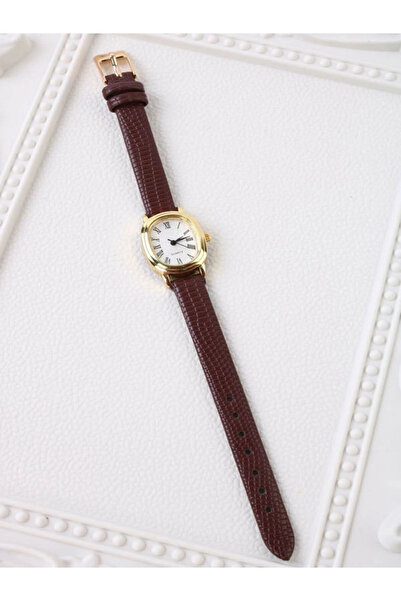 Force Kadın Gold Saat Oval Roma Rakam Deri Düz-Kroko Kordon