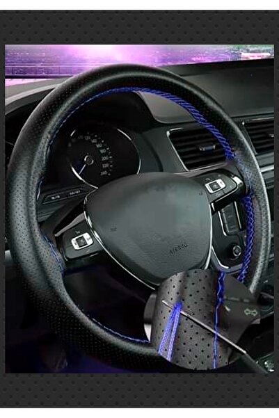 Asegaraj Ford Fiesta Uyumlu Dikmeli Direksiyon Kılıfı Noktalı Dikişli Mavi İpli ( 38cm×10.5cm )