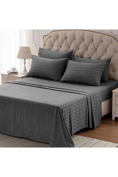 VESSİNOHOME Σετ Παπλωματοθήκη Anthracite Διπλό Ριγέ Σατέν - Elastic Çarpaf (160X200)