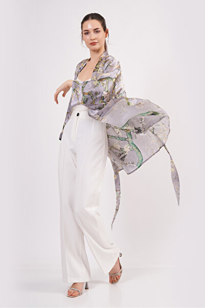 Nomads Felt Saf İpek Kısa Kimono Kaftan | Van Gogh Badem Ağacı Gri | Nomads Felt