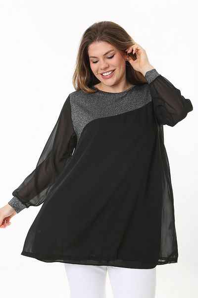 Şans Women's Plus Size Black Robe And Silver Glitter Lined Chiffon Tunic 65N37506