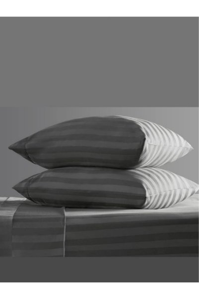 VESSİNOHOME Striped Cotton Satin Double Duvet Cover Set Anthracite Cotton Satin (160X200 Fitted Sheet)