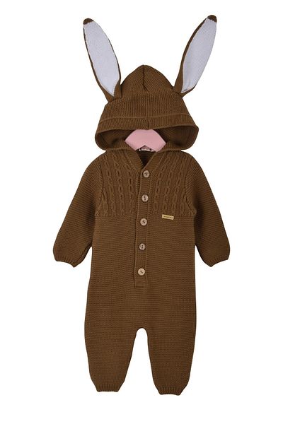Minora Unisex Knitwear Rabbit Eared Hooded Baby Jumpsuit Brown