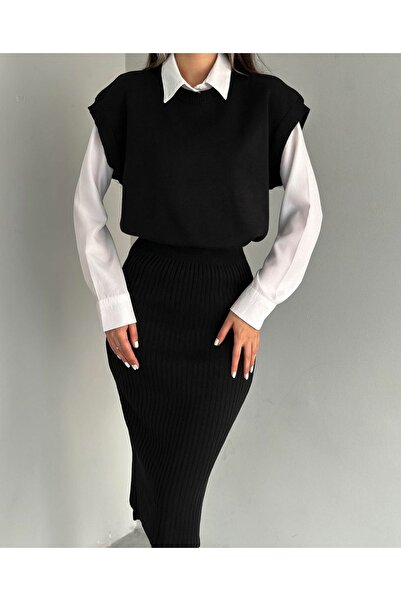 Leo Ferre Tricotaj cu guler rotund Pulover Fusta Femei Set de jos-sus