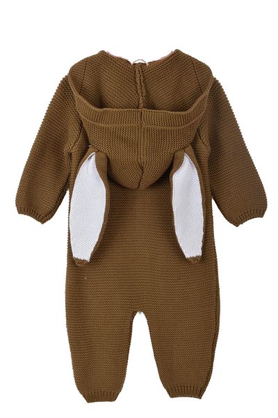 Minora Unisex Knitwear Rabbit Eared Hooded Baby Jumpsuit Brown