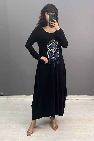 SaklıButik Tassel Embroidery Combed Cotton Dress SK-8083