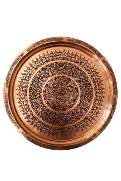 Değerli Kırmızı Eskitme Bakır Tepsi Baskılı 38cm