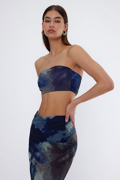 LAMODEMAPASS Crop top fără bretele cu imprimeu din tul