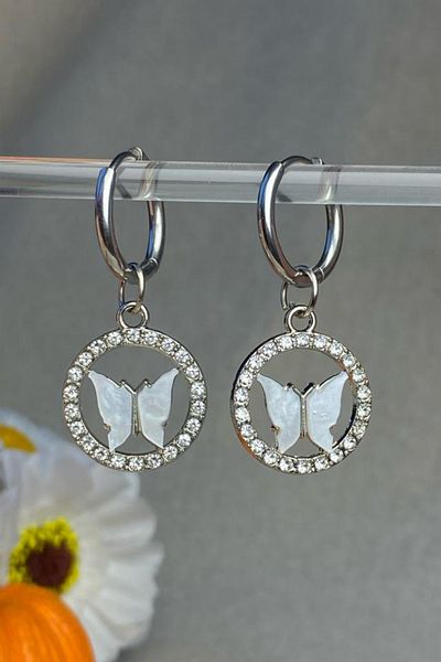 Jaida Moda Women's Silver Stainless Steel Jewelled Butterfly Figured Charm Dangle Hoop Earrings