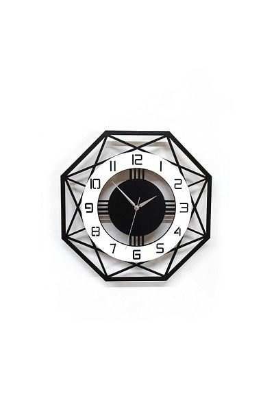 CajuArt Octagonal Geometric Wood Design 40 cm Modern Wall Clock Black White