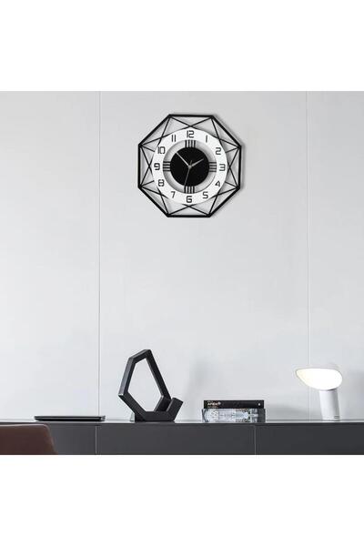 CajuArt Octagonal Geometric Wood Design 40 cm Modern Wall Clock Black White