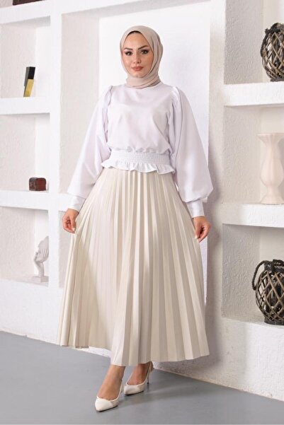 benguen 4538 Elastic Waist Pleated Hijab Skirt Stone