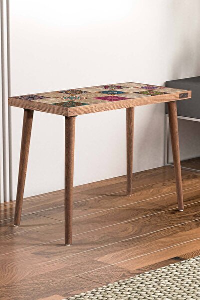 bluecape Traverten Taşlı Positano Doğal Ağaç 62x32cm Ceviz Dekoratif Sehpa