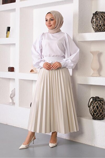 benguen 4538 Elastic Waist Pleated Hijab Skirt Stone