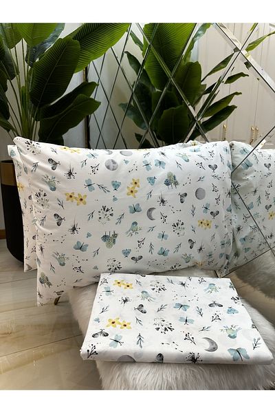 micoton Patterned Double 100% Cotton Non-Elastic Sheet and Pillowcase Set