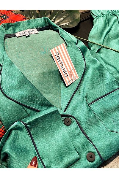 Serbella Green Satin Long Sleeve Pajama Set