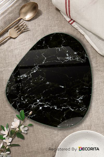 Decorita Placa de sticla |   Farfurie pentru mic dejun |   Placă de sticlă |   Set de 2 |   Aspect de marmură neagră |   32 cm X 35 cm