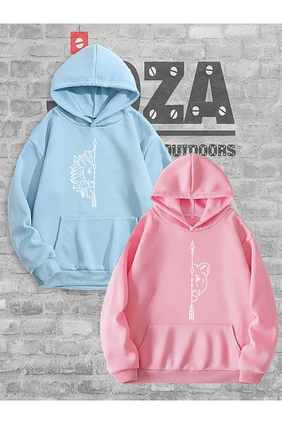 Joza Outdoors Γυναικεία Ανδρικά Unisex Lion Printed Lover Couple Συνδυασμός Σχεδιασμός Φούτερ με κουκούλα 3 νημάτων Σετ 2