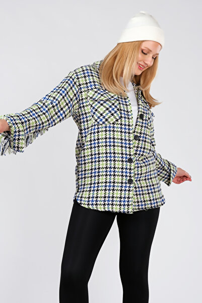 Giyim Dünyası Kadın Kazayağı Desenli Saçaklı Çift Cep Tüvit Kumaş Gömlek Saks...