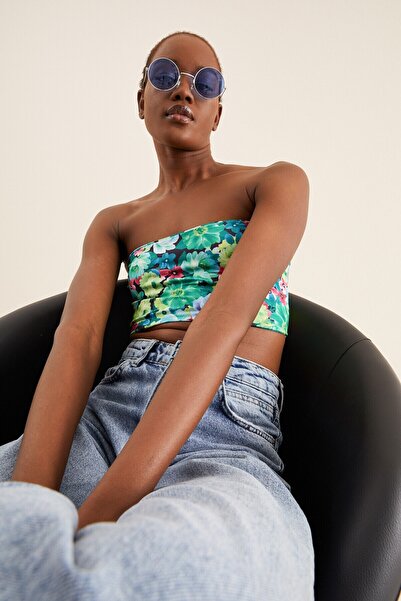 Quincey Women's Turquoise Color Patterned Crop Bustier