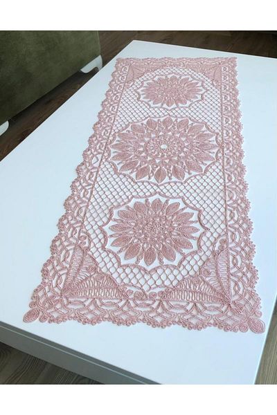 WENESSİ Honeycomb Pattern Anglez Cord Embroidered Tulle Runner Powder 120cm