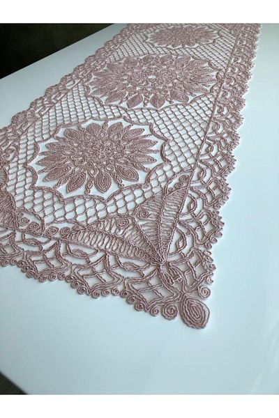 WENESSİ Honeycomb Pattern Anglez Cord Embroidered Tulle Runner Powder 120cm