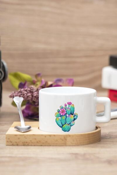 Kumbara Hediyelik Renkli Kaktüs Baskılı Ahşap Altlıklı Kaşıklı Kupa