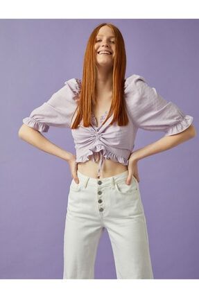 Koton Kadin Mor Crop Balon Kol Buzgulu Bluz Fiyati Yorumlari Trendyol