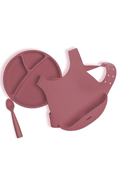 OiOi 3'lü Beslenme Seti (tabak+kaşık+mama Önlüğü) Bordo