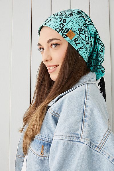 Butikgiz Women's Turquaz Black Patterned Rope Detailed 4 Season Hat Beanie Buff Ultra Soft Natural Combed Cotton