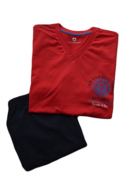 Nur Aka by Nurteks Men's Red Printed V-Neck Large Size Pajama Set