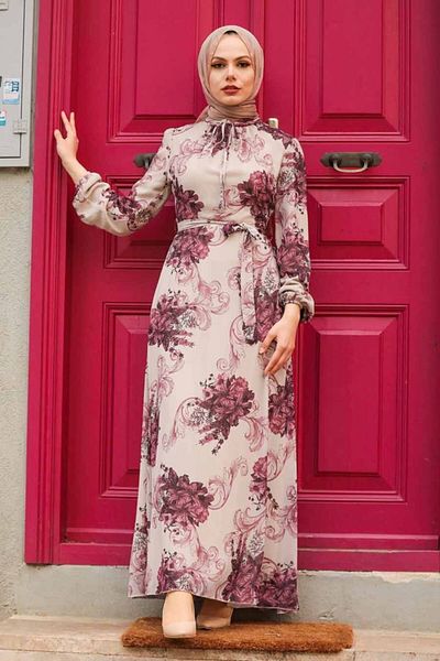 Neva Style - Floral Patterned Beige Hijab Dress 27921Beige