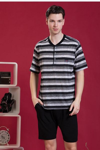 Pelin Pijama Men's Black Combed Cotton Pajama Set with Shorts 1927