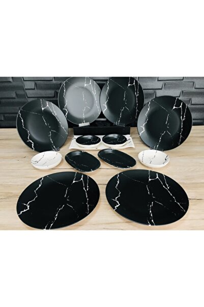 Keramika Mat Siyah Mermer Desen Kahvaltı Takımı 6 Kişilik 13 Parça