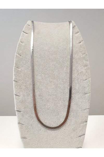 ROMERON Women's Silver Italian Flat Chain Long Steel Necklace