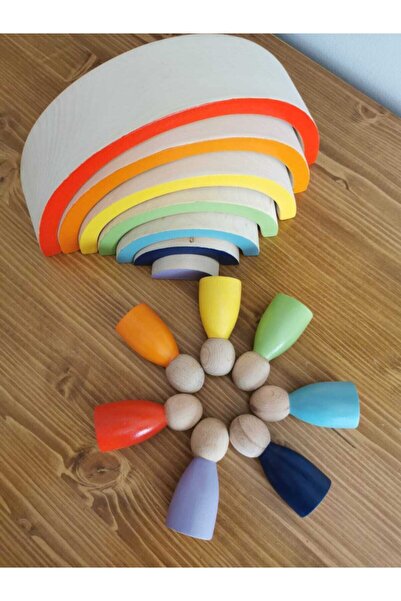 Mesu Ahşap Oyuncaklar Mesu 7-Piece Waldorf Wooden Rainbow and Peg Doll Play S...