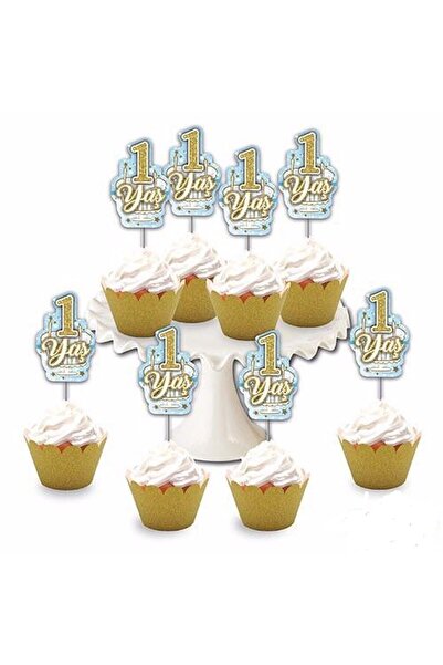 Huzur Party Store 1 Yaş Temalı Mavi 8'li Simli Deluxe Muffin Kalıbı Kürdanı I...