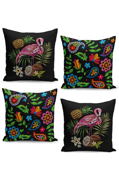 Filamente 4-Piece Throw Pillow Cover Set with Embroidery Look and Flamingo Tropical Pattern