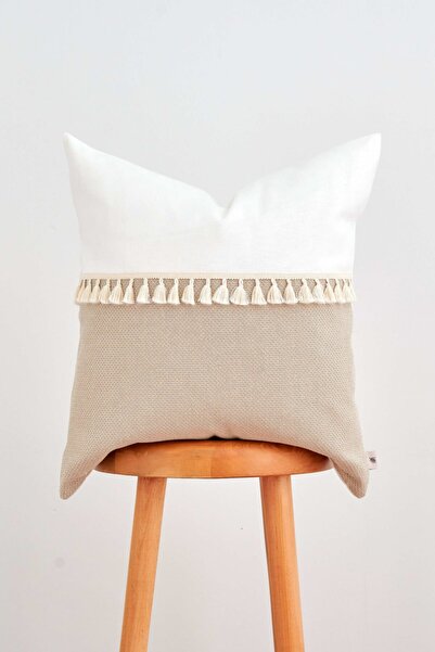 Cozy & Soft غطاء وسادة من الكتان القطني باللون البيج مزين بشراشيب مقاس 50 × 5...